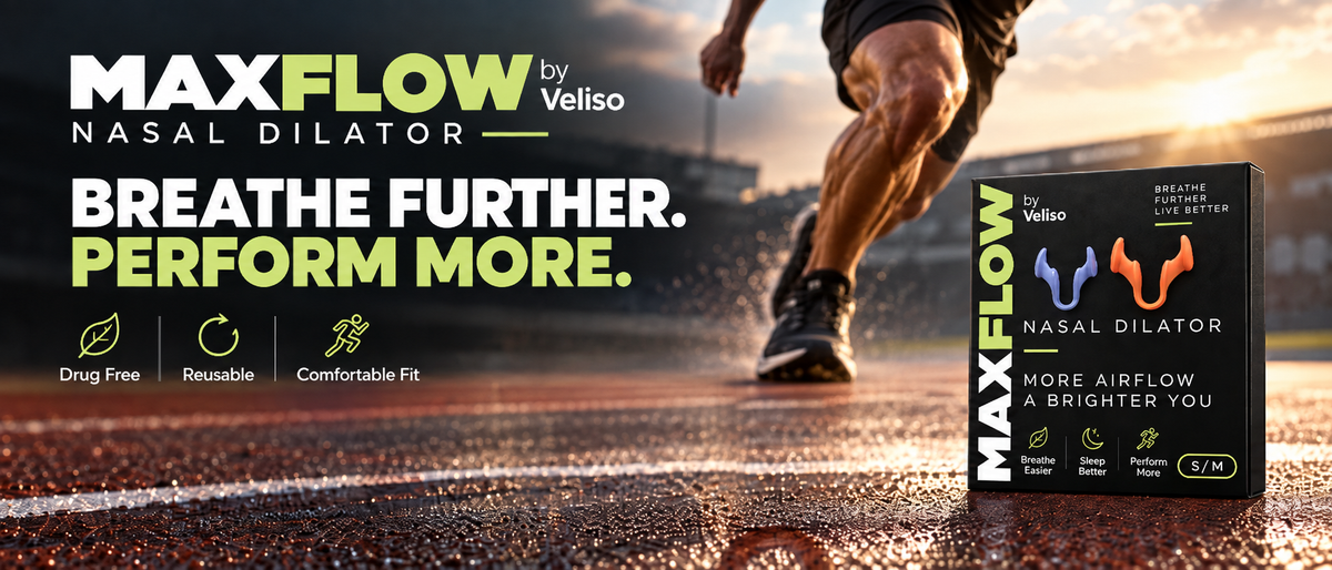 A retail package of MAXFLOW by Veliso Nasal Dilator stands on a wet track alongside a runner's legs in a running pose, with promotional text on the left side of the image.
